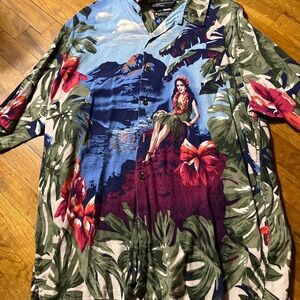 Vintage Nautica Men's Tropical Print Shirt - Blue and Green Size Large